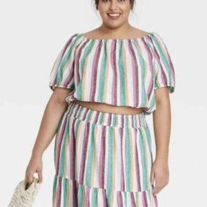 Ava & Viv Linen Blend Colorful Striped Skirt and Top Set - Top 4X/ Skirt 3X